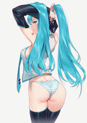 Rule 34 | 1girl, aqua eyes, aqua hair, aqua nails, aqua necktie, armpits, arms up, ass, black thighhighs, blouse, blush, boots, breasts, cowboy shot, detached sleeves, dimples of venus, from behind, hair ornament, hatsune miku, highres, holding, holding hair, long hair, looking at viewer, looking back, medium breasts, mhk (mechamania), nail polish, necktie, no pants, open clothes, open shirt, panties, shiny skin, shirt, side-tie panties, simple background, sleeveless, smile, solo, striped clothes, striped panties, thigh boots, thighhighs, thighs, twintails, underwear, very long hair, vocaloid