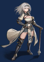 Rule 34 | 1girl, armor, armored boots, armored dress, belt, black thighhighs, blue background, boots, braid, breasts, cloak, fingerless gloves, gloves, grey hair, hairband, highres, holding, holding weapon, hololive, ioriwu8, large breasts, looking at viewer, shirogane noel, shirogane noel (1st costume), short hair, simple background, smile, solo, standing, thighhighs, virtual youtuber, weapon
