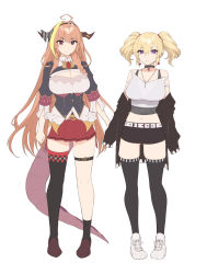 Rule 34 | 2girls, belt, black collar, black hairband, black jacket, black shirt, blonde hair, bow, breasts, cleavage, cleavage cutout, clothing cutout, coco kaine, collar, collared shirt, diagonal-striped bow, dragon girl, dragon horns, dragon tail, earrings, hairband, heart, heart earrings, highres, hololive, horns, jacket, jewelry, kiryu coco, kiryu coco (1st costume), large breasts, long hair, looking at viewer, multicolored hair, multiple girls, off shoulder, orange hair, pointy ears, purple eyes, red eyes, red skirt, shirt, single thighhigh, skindentation, skirt, sleeves past fingers, sleeves past wrists, smile, streaked hair, tail, tank top, thigh strap, thighhighs, twintails, very long hair, virtual youtuber, white belt, white shirt, white tank top, yaman