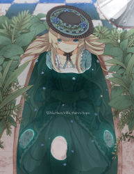 Rule 34 | 1girl, 3:, aqua eyes, blonde hair, blue flower, blue rose, checkered floor, dress, english text, floor, flower, hat, hat flower, hattori masaki, highres, leaf, long hair, original, own hands clasped, own hands together, petals, rose, solo, submerged, water, wet, wet clothes