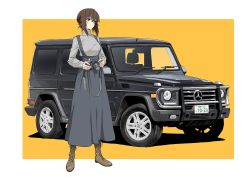 Rule 34 | 10s, 1girl, blue skirt, boots, breasts, brown eyes, brown footwear, brown hair, camera, car, commentary request, cross-laced footwear, girls und panzer, grey sweater, highres, holding, holding camera, lace-up boots, ladic, long hair, long sleeves, medium breasts, mercedes-benz, mercedes-benz g-class, motor vehicle, nishizumi maho, skirt, solo, sports utility vehicle, suspender skirt, suspenders, sweater, turtleneck, turtleneck sweater, two-tone background, vehicle focus, vehicle request, white background, yellow background