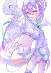 Rule 34 | 1girl, absurdres, badge, bandaid, bandaid on leg, blush, braid, braided bangs, breasts, button badge, cleavage, demon tail, demon wings, ear piercing, fangs, goggles, goggles on head, green eyes, heart, heart tattoo, high collar, highres, holding, holding megaphone, hololive, holster, invisible chair, knee pads, long hair, long sleeves, looking at viewer, megaphone, midriff, multicolored hair, navel, open mouth, piercing, pink hair, purple hair, see-through, see-through sleeves, shorts, shrug (clothing), sitting, small breasts, smile, solo, stomach tattoo, strapless, streaked hair, tail, tattoo, thigh holster, tokoyami towa, tokoyami towa (5th costume), tsumurimai, tube top, very long hair, virtual youtuber, white hair, wings