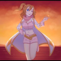 Rule 34 | 1girl, :p, absurdres, artist name, artist request, bare legs, belt, blue eyes, blush, boots, breasts, cleavage, cloud, crown hair ornament, female focus, hair between eyes, hand on own hip, highres, jacket, jewelry, kosaka honoka, long sleeves, looking at viewer, love live!, love live! school idol festival, love live! school idol project, medium breasts, necklace, one eye closed, orange hair, orange sky, outdoors, pants, paperdakku, parted lips, pendant, pink footwear, pink pants, pink scarf, pink shirt, scarf, shirt, side ponytail, sky, smile, solo, standing, standing on one leg, sunset, tongue, tongue out, white jacket, yellow belt, zipper