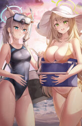 Rule 34 | 2girls, :d, absurdres, bag, bikini, blonde hair, blue archive, blue eyes, blue nails, bnari, breasts, cloud, cooler, duffel bag, goggles, goggles on head, gradient sky, green eyes, grey hair, groin, halo, highres, holding, large breasts, multiple girls, nonomi (blue archive), nonomi (swimsuit) (blue archive), official alternate costume, one-piece swimsuit, open mouth, parted lips, ponytail, shiroko (blue archive), shiroko (swimsuit) (blue archive), sky, small breasts, smile, snorkel, sunset, swimsuit, thighs, wet, yellow bikini