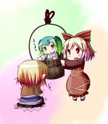 Rule 34 | 3girls, blonde hair, bow, brown eyes, bucket, byoubyou, female focus, gradient hair, green eyes, green hair, hair bobbles, hair bow, hair ornament, in bucket, in container, kisume, kurodani yamame, long sleeves, mizuhashi parsee, multicolored hair, multiple girls, open mouth, headpat, pointy ears, short sleeves, standing, touhou, trembling, twintails