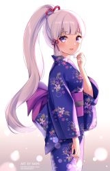 Rule 34 | 1girl, :d, artist name, ayaka (genshin impact), bad id, bad pixiv id, blue kimono, blush, breasts, commentary request, floral print, from side, genshin impact, gradient background, grey background, hand up, high ponytail, highres, japanese clothes, kimono, long hair, long sleeves, looking at viewer, looking to the side, mole, mole under eye, nami (nyaa), obi, open mouth, ponytail, print kimono, purple eyes, sash, sidelocks, silver hair, small breasts, smile, solo, very long hair, watermark, web address, white background, wide sleeves, yukata