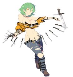 Rule 34 | 10s, 1girl, artist request, bare shoulders, belt, breasts, brown footwear, cleavage, denim, earrings, female focus, green hair, hikage (senran kagura), hip focus, holding, holding weapon, jeans, jewelry, knife, large breasts, loose clothes, loose shirt, midriff, necklace, no bra, official art, open belt, open fly, pants, revealing clothes, senran kagura, shirt, shoes, short hair, single earring, slit pupils, solo, tagme, tattoo, tongue, tongue out, torn clothes, unbuckled, unbuttoned, unzipped, weapon, white background, yellow eyes