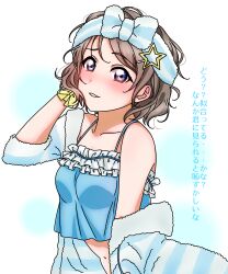 Rule 34 | 1girl, absurdres, bare shoulders, blue eyes, blush, breasts, brown hair, camisole, collarbone, crop top, hair ornament, hand in own hair, highres, love live!, love live! sunshine!!, medium breasts, medium hair, mei hinamatsu, midriff, navel, parted lips, solo, star (symbol), star hair ornament, stomach, upper body, watanabe you, wavy hair, white background