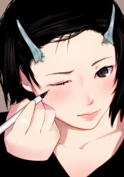 1girl absurdres amagami applying_makeup black_eyes black_hair black_shirt blush brown_background close-up collarbone commentary eyelashes eyeliner film_grain hair_ornament hair_pulled_back hairclip hairdressing highres holding_brush holding_makeup_brush lips looking_at_viewer makeup makeup_brush nanasaki_ai one_eye_closed oshizu pink_lips portrait shirt solo