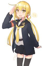 Rule 34 | 1girl, :d, absurdres, black cardigan, black sailor collar, black skirt, black thighhighs, blonde hair, blush, cardigan, cowboy shot, crescent, crescent pin, hair between eyes, highres, kantai collection, long hair, long sleeves, low twintails, ma rukan, neckerchief, open mouth, sailor collar, salute, satsuki (kancolle), satsuki kai ni (kancolle), simple background, skirt, smile, solo, thighhighs, twintails, white background, yellow eyes, yellow neckerchief