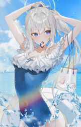 Rule 34 | 1girl, absurdres, arms up, bag, beach, blue archive, blue eyes, blue sky, blush, breasts, cleavage, cloud, commentary, covered navel, grey hair, hair between eyes, halo, highres, holding, holding own hair, innertube, kuren kren, long hair, looking to the side, medium breasts, miyako (blue archive), miyako (swimsuit) (blue archive), ocean, outdoors, ponytail, sidelocks, sky, solo, splashing, sunlight, swim ring, swimsuit, symbol-only commentary, water, water drop