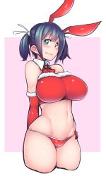 Rule 34 | 10s, 1girl, animal ears, bikini, blue eyes, blue hair, blush, breasts, cropped legs, curvy, detached collar, elbow gloves, fur trim, gloves, kagami uekusa, kantai collection, large breasts, looking at viewer, matching hair/eyes, navel, open mouth, rabbit ears, red bikini, red gloves, revision, short hair, simple background, smile, solo, souryuu (kancolle), swimsuit, thick thighs, thighs, twintails, wide hips