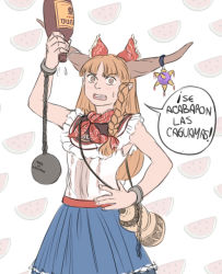 Rule 34 | 1girl, adapted costume, alcohol, alternate costume, ball, beer, bottle, bow, braid, chain, corona (brand), food, fruit, gourd, hair bow, hand on own hip, horns, ibuki suika, long hair, looking at viewer, matching hair/eyes, mefomefo, mexican dress, mexico, neckerchief, open mouth, orange eyes, orange hair, patterned background, pinata, simple background, single braid, solo, spanish text, sweat, touhou, watermelon, worried