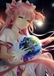 Rule 34 | 1girl, artist name, choker, collarbone, commentary, dress, earth (planet), floating hair, giant, giantess, gloves, hair ribbon, highres, kaname madoka, long hair, mahou shoujo madoka magica, mahou shoujo madoka magica (anime), pink hair, planet, ribbon, sasoura, short sleeves, smile, solo, space, thighhighs, two side up, ultimate madoka, very long hair, white choker, white dress, white gloves, white ribbon, white thighhighs, yellow eyes