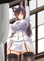 Rule 34 | 1girl, animal ears, atago (azur lane), azur lane, black hair, black thighhighs, blush, breasts, brown eyes, closed mouth, covered erect nipples, cowboy shot, curtains, day, finger to mouth, fujikusa, garter straps, gloves, gluteal fold, highres, impossible clothes, indoors, jacket, large breasts, long hair, long sleeves, looking at viewer, military, military uniform, miniskirt, mole, mole under eye, naval uniform, pencil skirt, skirt, solo, standing, thighhighs, uniform, upper body, white gloves, white jacket, white skirt, window
