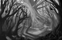 Rule 34 | alice margatroid, back, bridge, caplet, doll, dress, forest, greyscale, hanging, highres, hourai doll, monochrome, monster, nature, outdoors, plant, scenery, shanghai doll, short hair, stairs, touhou, tree, weapon, zarisu