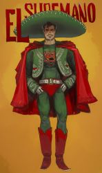 Rule 34 | 1boy, absurdres, belt, belt buckle, black eyes, black hair, bodysuit, boots, buckle, cape, character name, charro, closed mouth, covered abs, cowboy boots, cropped jacket, facial hair, full body, gloves, green bodysuit, green hat, green jacket, hands on own hips, hat, highres, jacket, long sleeves, looking at viewer, male focus, mexico, mossacannibalis, mustache, orange background, original, red cape, red footwear, short hair, simple background, solo, sombrero, spanish commentary, spanish text, standing, straight-on, thick eyebrows, white belt, white gloves
