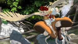 Rule 34 | 1girl, absurdres, bird, bird wings, blonde hair, boots, brown footwear, bush, chick, cross-laced footwear, dress, feathered wings, full body, highres, kajatony, lace-up boots, looking afar, multicolored hair, neck ribbon, niwatari kutaka, on one knee, open mouth, orange dress, plant, red eyes, red hair, red ribbon, ribbon, rock, shirt, short hair, short sleeves, signature, smile, solo, touhou, tree, two-tone hair, water, waterfall, white shirt, wings, yellow wings
