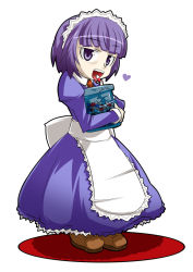 Rule 34 | 1girl, apron, bag, boots, capsule, collar, dress, eating, full body, futaba channel, heart, holding, long sleeves, looking at viewer, maid, maid apron, maid headdress, necktie, nijiura maids, purple dress, purple eyes, purple hair, simple background, solo, white background, yakui
