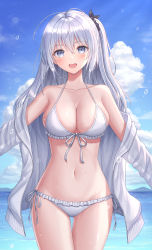 Rule 34 | 1girl, :d, bare shoulders, bikini, black ribbon, blue sky, breasts, cleavage, cloud, collarbone, commentary request, day, frilled bikini, frills, front-tie bikini top, front-tie top, grey eyes, hair between eyes, hair ribbon, halterneck, highres, jacket, long hair, medium breasts, ocean, off shoulder, one side up, open clothes, open jacket, open mouth, original, outdoors, ribbon, seungju lee, side-tie bikini bottom, silver hair, sky, smile, solo, string bikini, swimsuit, very long hair, white bikini, white jacket