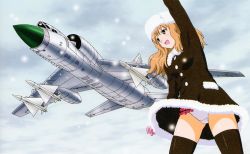 Rule 34 | 1girl, absurdres, aircraft, airplane, airplane wing, arm up, artbook, blue sky, blush, breasts, brown jacket, brown thighhighs, buttons, cloud, cloudy sky, crotch seam, day, frilled panties, frills, fur hat, fur trim, gloves, hat, highres, jacket, light brown hair, lingerie, long hair, long sleeves, medium breasts, open mouth, original, panties, pink gloves, russian clothes, sky, snow, solo, standing, thighhighs, thighs, tu-28, underwear, ushanka, vehicle focus, waving, white hat, white panties, wind, wind lift, yamauchi noriyasu, zettai ryouiki