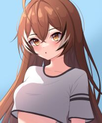 Rule 34 | 1girl, :o, ahoge, alternate costume, blush, brown eyes, brown hair, casual, commentary, crop top, crop top overhang, crossed bangs, gradient background, hair down, highres, hololive, hololive english, long hair, looking at viewer, midriff, multicolored hair, nanashi mumei, open mouth, sairen, shirt, streaked hair, symbol-only commentary, very long hair, virtual youtuber, white shirt