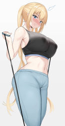 Rule 34 | 1girl, ^^^, bad id, bad twitter id, blend s, blonde hair, blush, breasts, closed mouth, commentary, covered erect nipples, gradient background, grey background, highres, hinata kaho, lactation, lactation through clothes, large breasts, long hair, looking at viewer, midriff, navel, noripachi, pants, solo, standing, sweat, symbol-only commentary, very long hair, white background, yoga pants