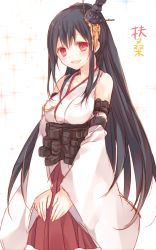 Rule 34 | 10s, 1girl, bare shoulders, black hair, breasts, character name, detached sleeves, fusou (kancolle), hair ornament, japanese clothes, kantai collection, komeshiro kasu, long hair, nontraditional miko, open mouth, personification, red eyes, smile, solo, translated