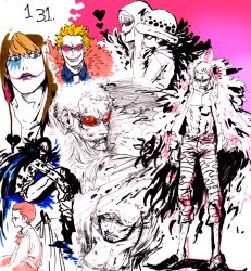 Rule 34 | 3boys, aged down, black coat, blonde hair, blood, blood on face, blush, brown cape, cape, coat, donquixote doflamingo, donquixote rocinante, earrings, full body, heart, injury, jewelry, makeup, mawari28, multiple boys, one eye covered, one piece, open clothes, open shirt, partially colored, pink coat, red-tinted eyewear, short hair, smile, sunglasses, tinted eyewear, traditional media, trafalgar law, variations