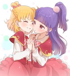 Rule 34 | 2girls, asahina mirai, blonde hair, blush, bow, braid, capelet, cheek-to-cheek, closed eyes, crown braid, eyebrows, fingernails, gobou 1000, hair bow, hair ornament, heads together, interlocked fingers, izayoi liko, long hair, long sleeves, looking at another, mahou girls precure!, multiple girls, one side up, parted lips, pom pom (clothes), ponytail, precure, purple hair, red eyes, simple background, skirt, smile, uniform