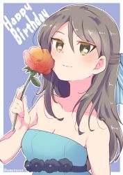 Rule 34 | 1girl, alternate hairstyle, bare shoulders, birthday, blue background, blue dress, blue ribbon, border, brown eyes, brown hair, closed mouth, commentary, dress, english text, flower, formal, girls und panzer, hair ribbon, half updo, happy birthday, highres, holding, holding flower, long hair, looking at viewer, mika (girls und panzer), namatyoco, no headwear, outline, outside border, red flower, red rose, ribbon, rose, smile, solo, strapless, strapless dress, twitter username, upper body, white border, white outline