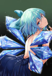 Rule 34 | 1girl, alternate costume, ass, back, backless outfit, black background, blue dress, blue eyes, blue hair, bow, cirno, closed mouth, dress, female focus, fingernails, gradient background, green background, hair bow, hand on own hip, highres, ice, ice wings, koujouchou, licking lips, looking at viewer, looking back, medium hair, simple background, smile, solo, tongue, tongue out, touhou, wings