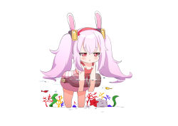 Rule 34 | 1girl, :o, ame., animal, animal ears, azur lane, bare arms, bare shoulders, blush, bottle, chibi, commentary request, coral, dress swimsuit, fake animal ears, fish, full body, hair between eyes, hairband, laffey (azur lane), leaning forward, long hair, looking away, parted lips, partially submerged, pink hair, rabbit ears, red eyes, red hairband, solo, standing, starfish, transparent, twintails, very long hair, water, white background