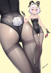 Rule 34 | 1girl, absurdres, alternate costume, animal ears, ass, beige background, black footwear, black leotard, black pantyhose, bow, bowtie, breasts, chinese commentary, commentary request, covered navel, fake animal ears, flower, food, full body, gluteal fold, hair between eyes, hair flower, hair ornament, high heels, highres, kokkoro (princess connect!), leotard, looking at viewer, pantyhose, pink eyes, playboy bunny, pointy ears, popsicle, princess connect!, rabbit ears, rabbit girl, rabbit tail, short hair, signature, silver hair, simple background, small breasts, solo, split mouth, strapless, strapless leotard, tail, thigh gap, thighband pantyhose, white bow, white bowtie, xiaoxi0619, zoom layer