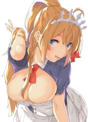 Rule 34 | 1girl, adjusting hair, ahoge, blonde hair, blue eyes, braid, breasts, cleavage, cleavage cutout, clothing cutout, eyebrows hidden by hair, holding, holding own hair, large breasts, leaning forward, long hair, looking at viewer, mamedenkyuu (berun), open mouth, pecorine (princess connect!), princess connect!, short sleeves, simple background, smile, solo, standing, tiara, very long hair, white background