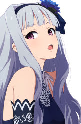 Rule 34 | 1girl, chestnut mouth, flower, gloves, hairband, highres, idolmaster, idolmaster (classic), long hair, looking at viewer, neck ribbon, open mouth, purple eyes, ribbon, shijou takane, silver hair, simple background, solo, upper body, white background, yahiro (epicopeiidae)