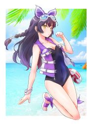 Rule 34 | 1girl, animal print, beach, black hair, blake belladonna, bow, bracelet, covered navel, fish print, hair bow, highres, iesupa, jewelry, life vest, long hair, one-piece swimsuit, rwby, sandals, solo, swimsuit, vest, yellow eyes