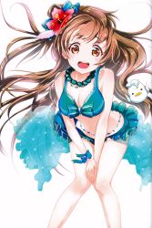 Rule 34 | 1girl, :d, absurdres, bikini, bikini skirt, bird, blue bow, bow, breasts, brown eyes, brown hair, cleavage, floating hair, flower, green bikini, hair flower, hair ornament, hibiscus, highres, jewelry, keepout, leaning forward, long hair, looking at viewer, love live!, love live! school idol festival, medium breasts, minami kotori, navel, necklace, open mouth, red flower, shiny skin, simple background, smile, solo, swimsuit, very long hair, white background, wrist bow