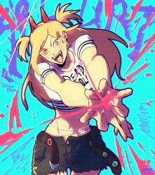Rule 34 | 1girl, alternate hairstyle, belt, blonde hair, blood, blood splatter, chainsaw man, crop top, cross-shaped pupils, earrings, fingernails, hair ornament, hairclip, highres, horns, jewelry, long hair, looking at viewer, midriff, open belt, open mouth, pink blood, power (chainsaw man), red horns, sharp fingernails, sharp teeth, short twintails, solo, stud earrings, symbol-shaped pupils, taku (aywakutakuay), teeth, torn clothes, twintails, yellow eyes
