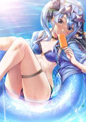 Rule 34 | 1girl, absurdres, bikini, black choker, blue hair, blue nails, choker, collarbone, commentary request, commission, fingernails, food, highres, holding, holding food, hololive, hoshimachi suisei, innertube, kamishiro mai (capti-no), looking at viewer, nail polish, popsicle, purple hair, skeb commission, solo, star-shaped eyewear, star (symbol), star choker, star in eye, swim ring, swimsuit, symbol in eye, thigh strap, virtual youtuber, water, wet