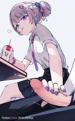 Rule 34 | 1boy, 1girl, blue eyes, censored, commentary request, cum, cup, ejaculation, fingernails, grey background, grey hair, hair ornament, handjob, hetero, highres, holding, holding cup, liclac, mcdonald&#039;s, mosaic censoring, mouth hold, nail polish, necktie, original, penis, purple nails, school uniform, shirt, short hair, short sleeves, simple background, sitting, white shirt