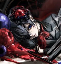 1boy ambiguous_red_liquid bishounen black_ribbon blue_eyes blue_hair ciel_phantomhive closed_mouth dark_blue_hair dhktlq eyepatch flower formal hair_ornament head_on_arm highres korean_commentary kuroshitsuji looking_at_viewer male_focus neck_ribbon on_floor pale_skin red_flower red_ribbon ribbon short_hair solo suit