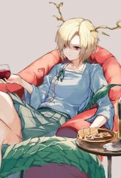Rule 34 | 1girl, antlers, armchair, blonde hair, blue shirt, bottle, chair, closed mouth, collarbone, commentary request, cracker, crossed legs, cup, dragon tail, drink, drinking glass, feet out of frame, food, green skirt, highres, holding, holding cup, horns, kicchou yachie, long sleeves, looking at viewer, medium hair, miniskirt, parted bangs, plate, pleated skirt, pocche-ex, red eyes, shirt, skirt, smile, solo, tail, touhou, wine glass