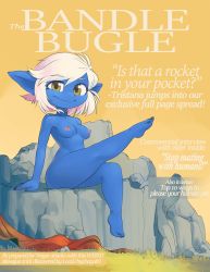 Rule 34 | 1girl, barefoot, blue skin, borvar, breasts, colored skin, cover, english text, feet, full body, goggles, goggles on head, grass, highres, league of legends, leg lift, legs, looking at viewer, magazine cover, navel, nipples, nude, orange sky, pointy ears, rock, short hair, shortstack, sitting, sky, small breasts, smile, solo, swept bangs, text focus, tristana, white hair, yellow eyes, yordle
