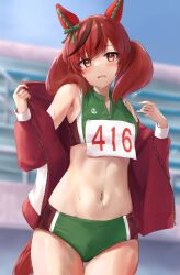 Rule 34 | 1girl, absurdres, animal ears, bare shoulders, blue sky, blurry, blurry background, blush, bow, breasts, brown eyes, brown hair, buruma, collarbone, commentary request, cowboy shot, day, ear covers, ear ribbon, green buruma, green sports bra, groin, highres, horse ears, horse girl, horse tail, jacket, jumpsuit, long hair, long sleeves, looking at viewer, midriff, miyama mizuki (hoshihoshi1220), multicolored hair, navel, nice nature (umamusume), open clothes, open jacket, parted lips, race bib, red jumpsuit, sidelocks, signature, sky, small breasts, solo, sports bikini, sports bra, standing, streaked hair, sweat, tail, thigh gap, tracen training uniform, track uniform, twintails, umamusume, undressing