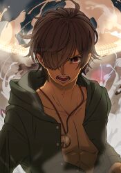 Rule 34 | 1boy, abs, ahoge, angry, araragi koyomi, arena, artist name, black hair, black sky, commentary, green jacket, hair over one eye, highres, hood, hood down, jacket, jewelry, kizumonogatari, looking at viewer, male focus, messy hair, monogatari (series), muscular, muscular male, necklace, night, no shirt, open clothes, open jacket, open mouth, peace symbol, pectorals, pendant, red eyes, shouting, sky, smoke, solo, standing, steam, twitter username, upper body, v-shaped eyebrows, watermark, yoruno mani