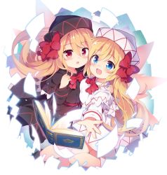 Rule 34 | 2girls, baku-p, blonde hair, blue eyes, book, capelet, dual persona, fairy wings, hair between eyes, hat, highres, lily black, lily white, multiple girls, open mouth, red eyes, ribbon, touhou, white background, white capelet, white headwear, wings