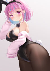 Rule 34 | 1girl, animal ears, black leotard, black pantyhose, blue hair, bow, bowtie, breasts, colored inner hair, commentary request, cowboy shot, detached collar, eyebrows hidden by hair, gradient background, hololive, jacket, large breasts, leotard, long hair, minato aqua, multicolored hair, nikoo, pantyhose, playboy bunny, purple eyes, purple hair, rabbit ears, rabbit tail, sleeves past fingers, sleeves past wrists, solo, strapless, strapless leotard, streaked hair, tail, two-tone hair, virtual youtuber, white jacket