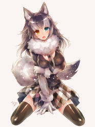Rule 34 | 10s, 1girl, animal ears, bad id, bad pixiv id, between breasts, black hair, black thighhighs, blue eyes, blush, breast hold, breasts, fur collar, gloves, grey wolf (kemono friends), heterochromia, highres, kemono friends, large breasts, long hair, long sleeves, looking at viewer, multicolored hair, nagomi (anzu-v v-s2), necktie, necktie between breasts, open mouth, sitting, skirt, solo, tail, thighhighs, two-tone hair, wariza, wolf ears, wolf tail, yellow eyes