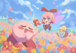 Rule 34 | adeleine, blue eyes, blush, blush stickers, easel, closed eyes, fairy, fairy wings, field, flower, flower field, hat, highres, king dedede, kirby, kirby (series), kirby 64, matsuda (0yx38755230263c), nintendo, open mouth, painting (action), pink hair, ribbon (kirby), robe, short hair, sparkle, waddle dee, wings